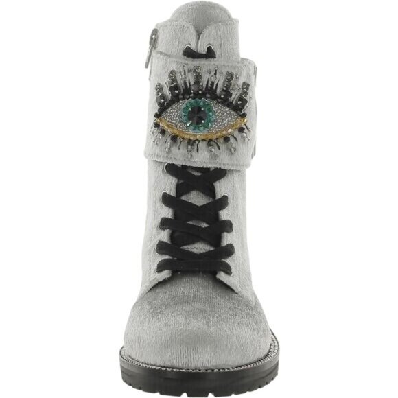 Kurt Geiger London Sutton Silver Velvet Leather Eye Embellished Combat Boots 10 - Picture 6 of 8
